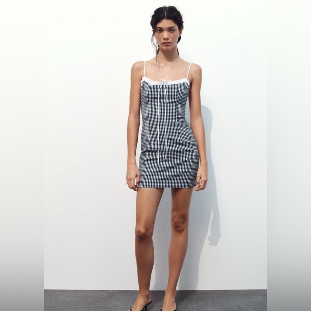 Zara Combination Gingham Mini Dress in Navy